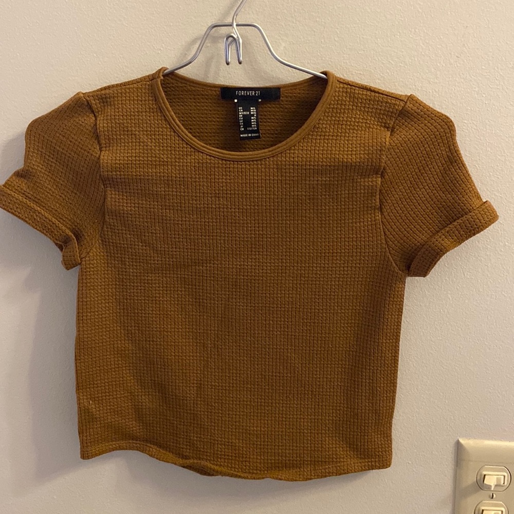 Forever 21 Brown waffle weave crop short sleeve shirt top FALL sz M/L